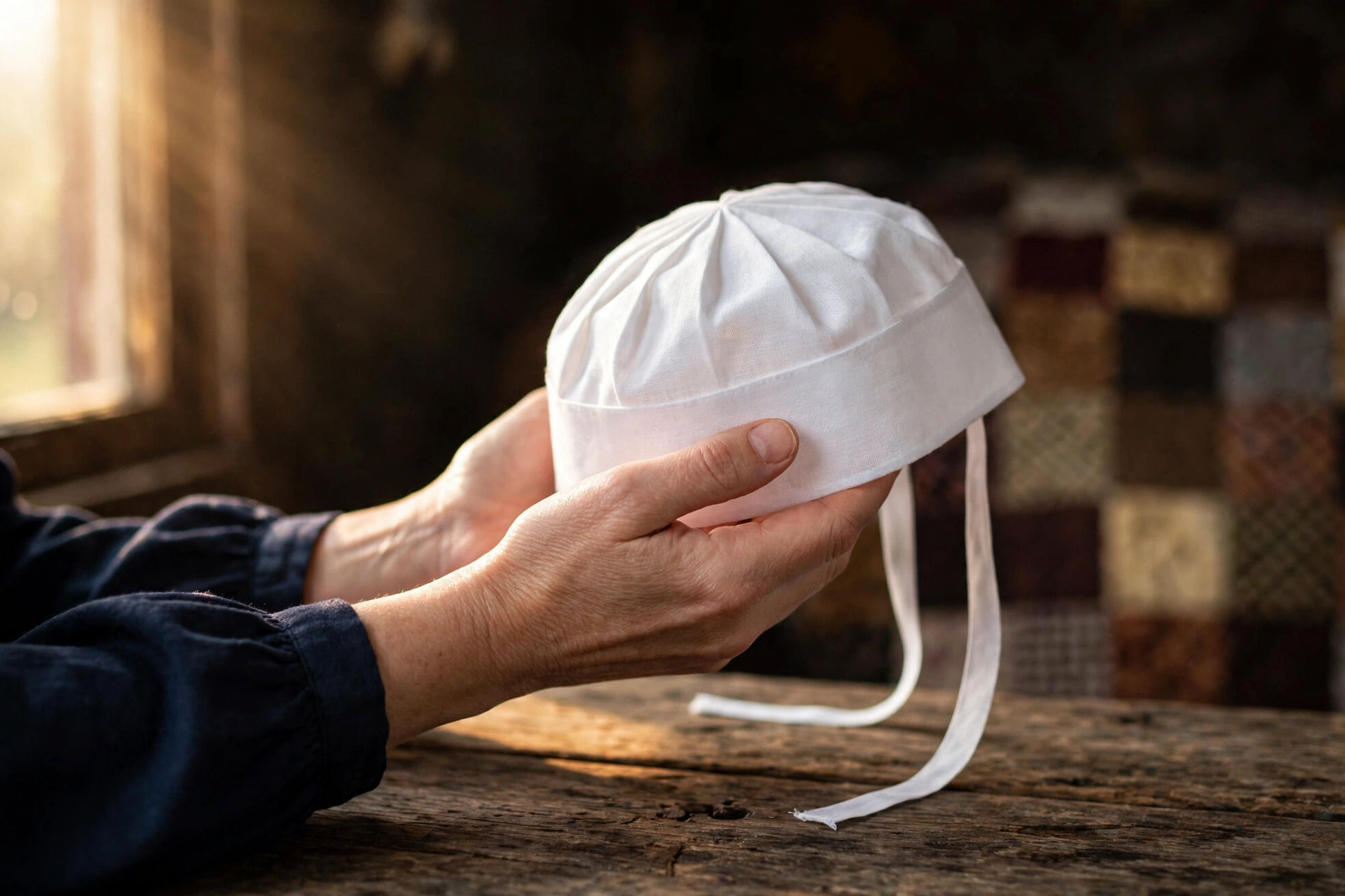 Hannah's hands holding her white prayer cap above a worn wooden table, a quilt behind her, morning light through the window