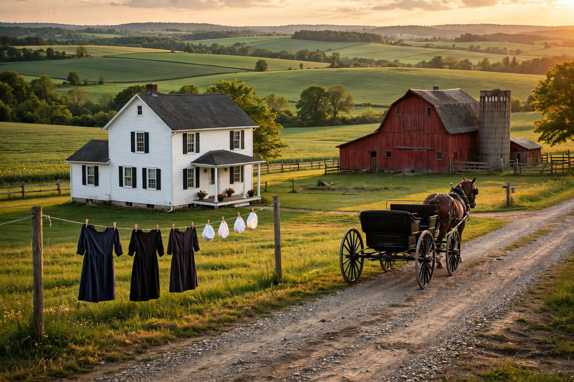 An Amish homestead at golden hour — white farmhouse, red barn, horse and buggy on the dirt road, dresses and prayer caps on the clothesline, rolling green hills