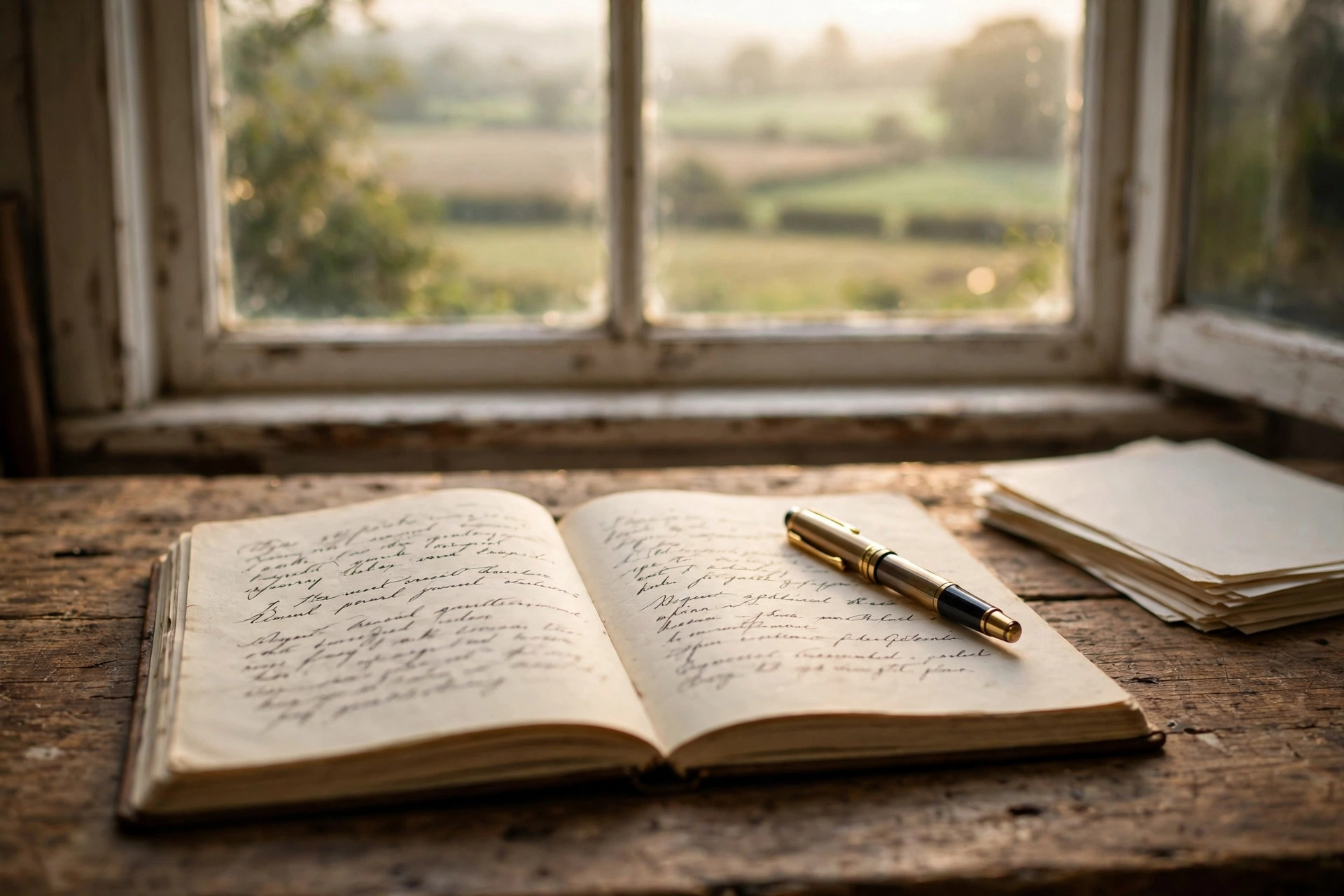 An open handwritten journal and fountain pen on a wooden table by a window overlooking green fields